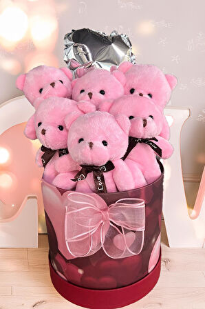 Premium Silindir Kalpli Kırmızı Özel Kutusunda, Kalpli Balonlu 6’lı Pembe Ayıcık Buketi