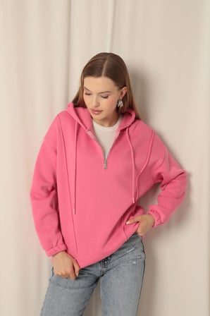 Üç İplik Kumaş Fermuarlı Kadın Pembe Sweat