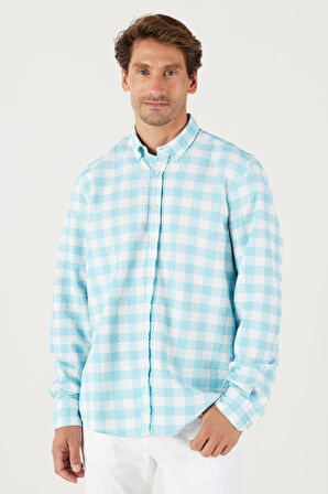 Erkek Beyaz Mint Slim Fit Dar Kesim Düğmeli Yaka Gofre Desenli Gömlek