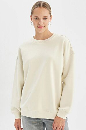 DeFacto Oversize Geniş Kalıp Bisiklet Yaka Kalın Basic Düz Sweatshirt Y1346AZ24WNER232