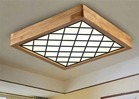 Dekor olsun Ahşap Çerçeve Tavan Led Aydınlatma Avize 60*60cm Salon Yatak Mutfak Balkon Beyaz 6500k Işık Beyazçapraz desen