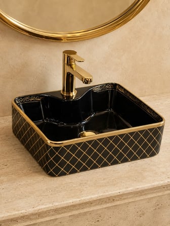 Siyah Gold Desenli Tezgah Üstü Seramik Çanak Lavabo 48x37x13 cm