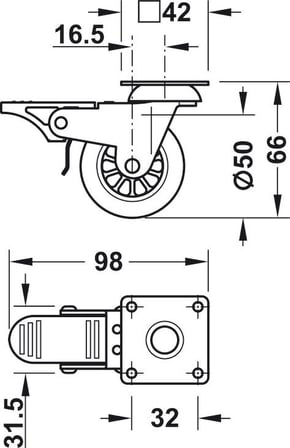 Häfele Mobilya tekerleği, Yük taşıma kapasitesi 25 kg - 17,50 mm