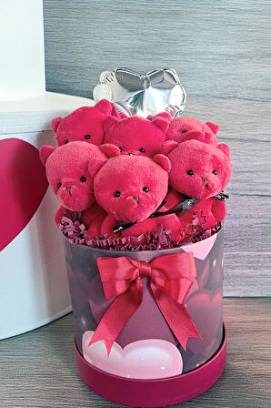 Premium Özel Kalpli Kırmızı Silindir Kutusunda, Kalpli Balonlu 6’lı Kırmızı Ayıcık Buketi