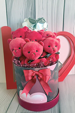 Premium Özel Kalpli Kırmızı Silindir Kutusunda, Kalpli Balonlu 6’lı Kırmızı Ayıcık Buketi
