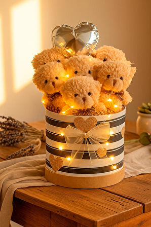 Premium Silindir Hediye Kutusunda, Kalp Balonlu LED Işıklı 6’lı Taba Ayıcık Buketi,Öğretmenler günü Hediyesi - Sınıf Öğretmenine Hediye