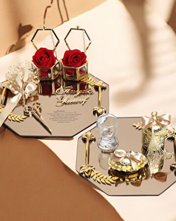 Affinity Sekizgen Gold Söz Nişan Tepsisi ve Damat Kahve Fincan Tepsisi