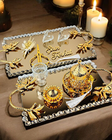 Amour Gold Lüks Swarovski Söz Nişan Tepsisi 