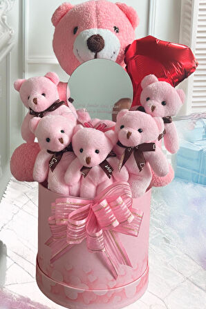 Mesajlı Ayna ve Kalpli Kutuda Pembe Delüxe Peluş Ayıcık Buketi – Romantik Hediye Seti