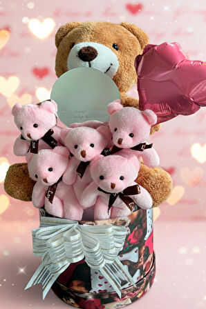 Mesajlı Ayna ve Kalpli Kutuda Kahverengi - Pembe Delüxe Peluş Ayıcık Buketi – Romantik Hediye Seti