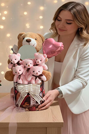Mesajlı Ayna ve Kalpli Kutuda Kahverengi - Pembe Delüxe Peluş Ayıcık Buketi – Romantik Hediye Seti