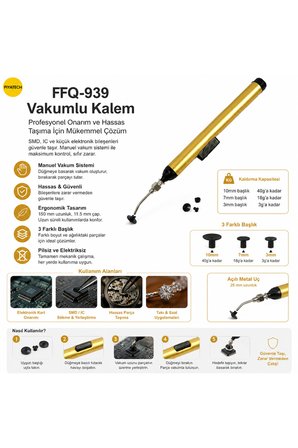 FFQ-939 El Tipi Vakumlu Kalem Entegre Tutucu Smd Komponent Çıkarma Cımbızı 3 Başlıklı Set
