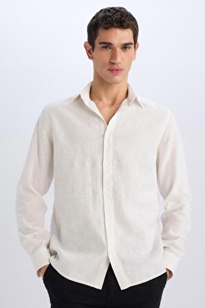 DeFacto %100 Keten Regular Fit Polo Yaka Yazlık Uzun Kollu Beyaz Gömlek D9925AX25SPWT33