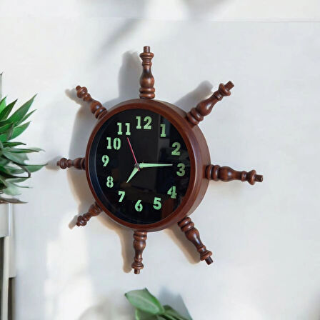 Fosforlu Metal Ahşap Eskitme Gemici Denizci Dümen Duvar Saati 35 cm