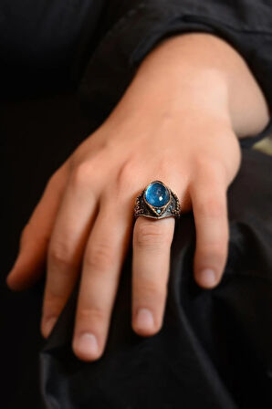 Gravür Taşlı Oval Aquamarin Erkek Gümüş Yüzük