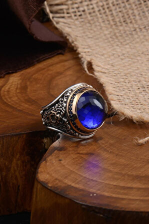 Sivri Aquamarin Taşlı Yanı Bayrak Motifli Türk Yazılı Erkek Gümüş Yüzük