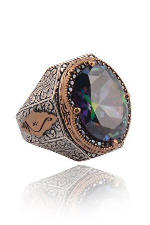 Lacivert Zirkon Taşlı Yanında Göktürkçe Türk Yazılı Erkek Gümüş Yüzük