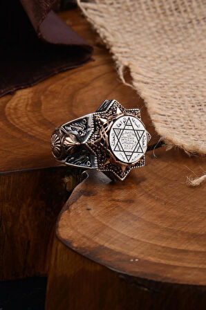 Mühr-ü Süleyman Yazılı Yanı Miğfer Kalkan Işlemeli Erkek Gümüş Yüzük