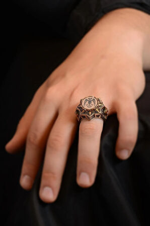 Selçuklu Şahini Motifli Miğfer Kalkan Işlemeli Koleksiyonluk Erkek Gümüş Yüzük