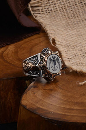 Selçuklu Şahini Motifli Miğfer Kalkan Işlemeli Koleksiyonluk Erkek Gümüş Yüzük