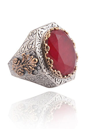 Kırmızı Zirkon Taşlı Işlemeli Erkek Gümüş Yüzük