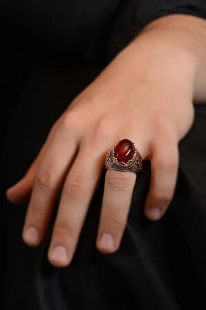 Kırmızı Zirkon Taşlı Işlemeli Erkek Gümüş Yüzük