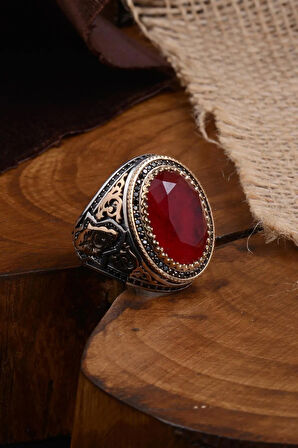 Kırmızı Zirkon Taşlı Yanı Selçuklu Arma Ve Hilal Yıldız Işlemeli Erkek Gümüş Yüzük