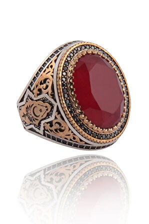 Kırmızı Zirkon Taşlı Yanı Selçuklu Arma Ve Hilal Yıldız Işlemeli Erkek Gümüş Yüzük