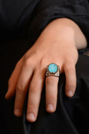 Erkek Firuze Turkuaz  Taşlı Yanı Işlemeli  Gümüş Yüzük