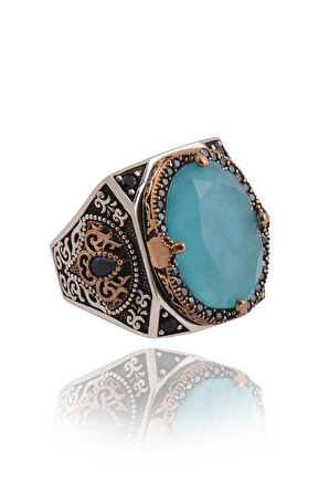 Erkek Firuze Turkuaz  Taşlı Yanı Işlemeli  Gümüş Yüzük