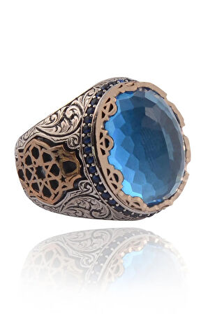Blue Topaz Aqua Marin Taşlı Yanı Işlemeli Erkek Gümüş Yüzük