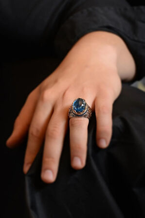 Blue Topaz Aqua Marin Taşlı Yanı Işlemeli Erkek Gümüş Yüzük