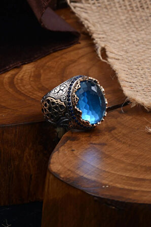 Blue Topaz Aqua Marin Taşlı Yanı Işlemeli Erkek Gümüş Yüzük