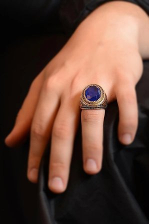 Mavi Zirkon Topaz Taşlı Yanı Göktürkçe Türk Yazılı Erkek Gümüş Yüzük