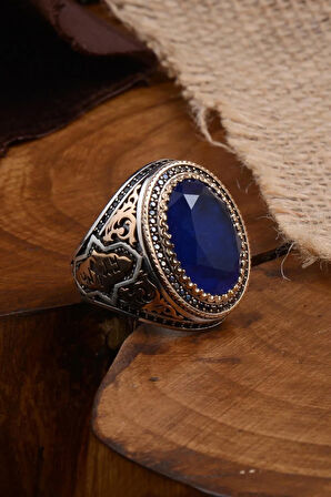 Mavi Zirkon Topaz Taşlı Yanı Göktürkçe Türk Yazılı Erkek Gümüş Yüzük