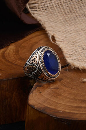 Mavi Zirkon Topaz Taşlı Yanı Göktürkçe Türk Yazılı Erkek Gümüş Yüzük