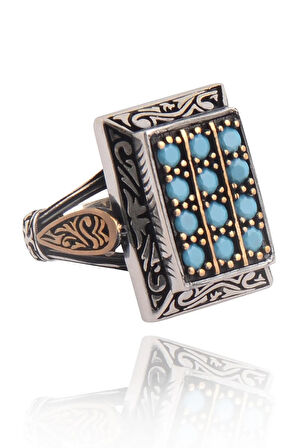 Oniki Turkuaz Taşlı Işlemeli Koleksiyonluk Erkek Gümüş Yüzük