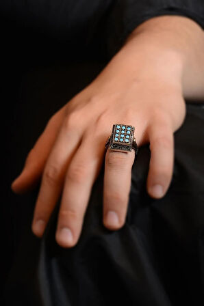 Oniki Turkuaz Taşlı Işlemeli Koleksiyonluk Erkek Gümüş Yüzük