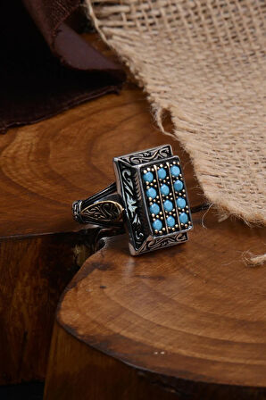 Oniki Turkuaz Taşlı Işlemeli Koleksiyonluk Erkek Gümüş Yüzük