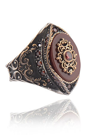 Anadolu Desenli Kehribar Taşlı Yanı Işlemeli Erkek Gümüş Yüzük