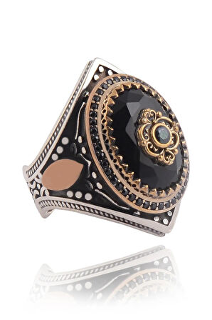 Anadolu Desenli Siyah Oniks Taşlı Yanı Buğday Işlemeli Erkek Gümüş Yüzük