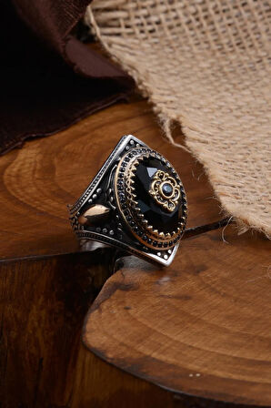 Anadolu Desenli Siyah Oniks Taşlı Yanı Buğday Işlemeli Erkek Gümüş Yüzük