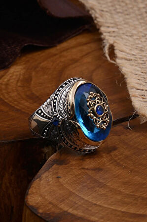 Anadolu Desenli Mavi Zirkon Taşlı Yanı Işlemeli Erkek Gümüş Yüzük