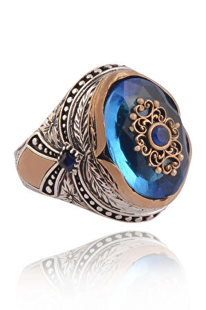 Anadolu Desenli Mavi Zirkon Taşlı Yanı Işlemeli Erkek Gümüş Yüzük