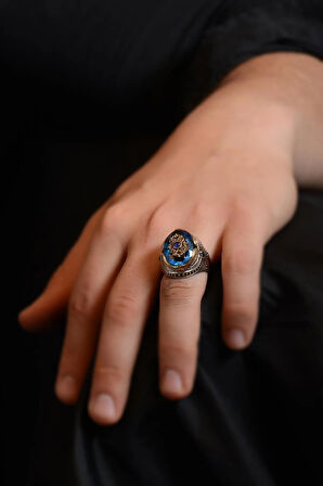 Anadolu Desenli Mavi Zirkon Taşlı Yanı Işlemeli Erkek Gümüş Yüzük