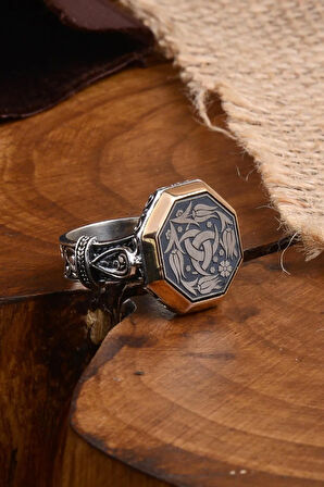 Sekizgen Model Teşkilat-ı Mahsusa Yanı Işlemeli Erkek Gümüş Yüzük