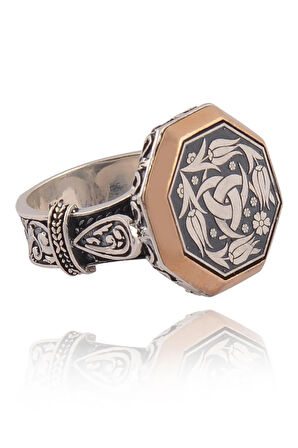 Sekizgen Model Teşkilat-ı Mahsusa Yanı Işlemeli Erkek Gümüş Yüzük