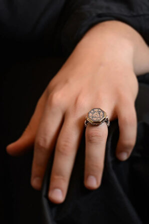 Sekizgen Model Teşkilat-ı Mahsusa Yanı Işlemeli Erkek Gümüş Yüzük