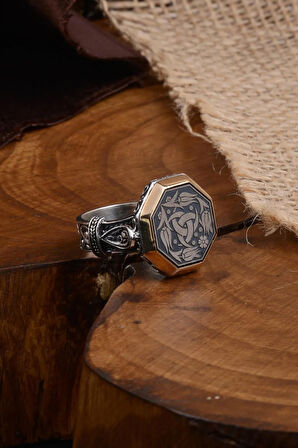 Sekizgen Model Teşkilat-ı Mahsusa Yanı Işlemeli Erkek Gümüş Yüzük
