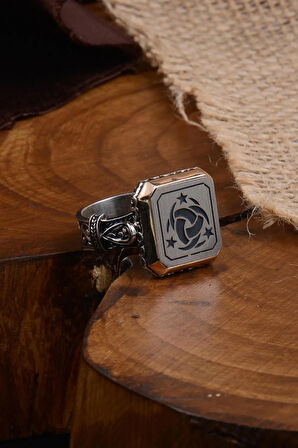 Kare Model Teşkilat-ı Mahsusa Yanı Kalkan Işlemeli Erkek Gümüş Yüzük